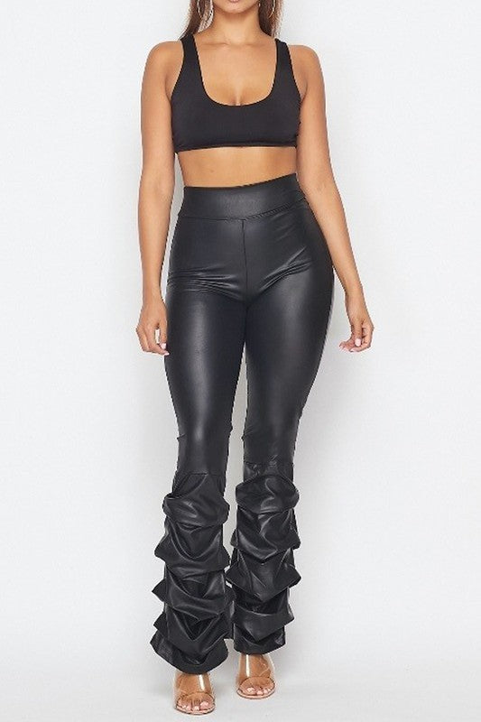 Women's Black High Waist Faux Leather Ruched Pants