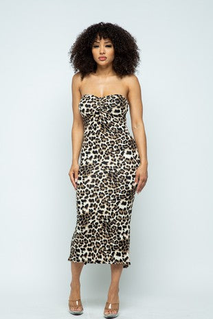 Women's Leopard Print Midi Tube Dress with Back Slit