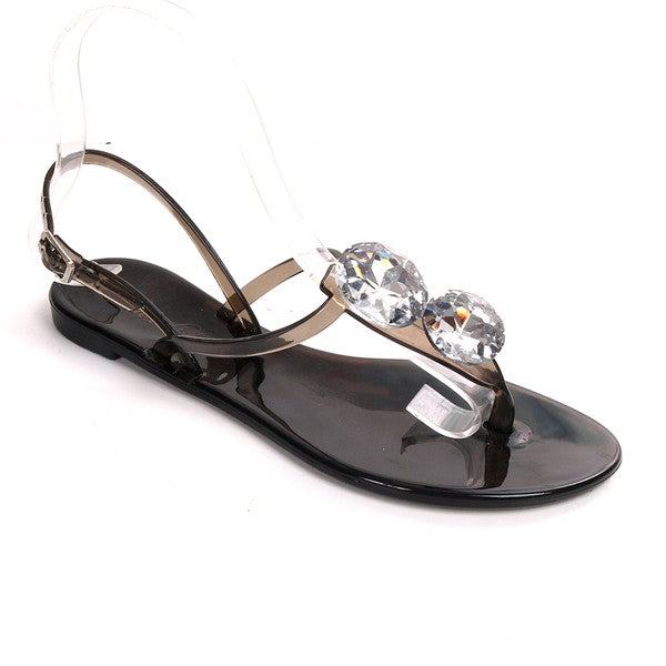 Women's Black Rhinestone Flat Thong Jelly Sandals