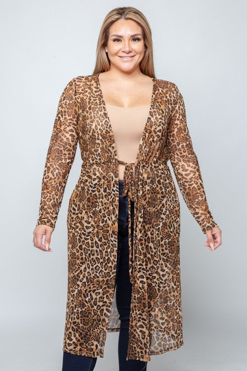 Plus Size Leopard Mesh Long Cardigan