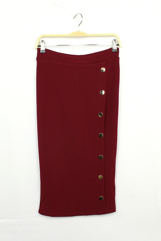 Solid Side Button Midi Skirt