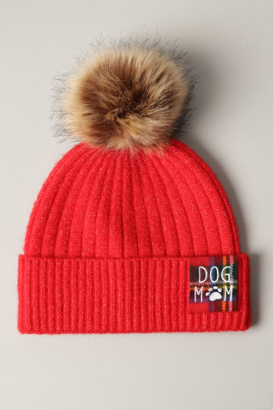 DOG MOM Rib Knit Beanie Hat with Faux Fur Pom