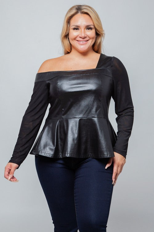 Plus Size PU Leather One Shoulder Peplum Top