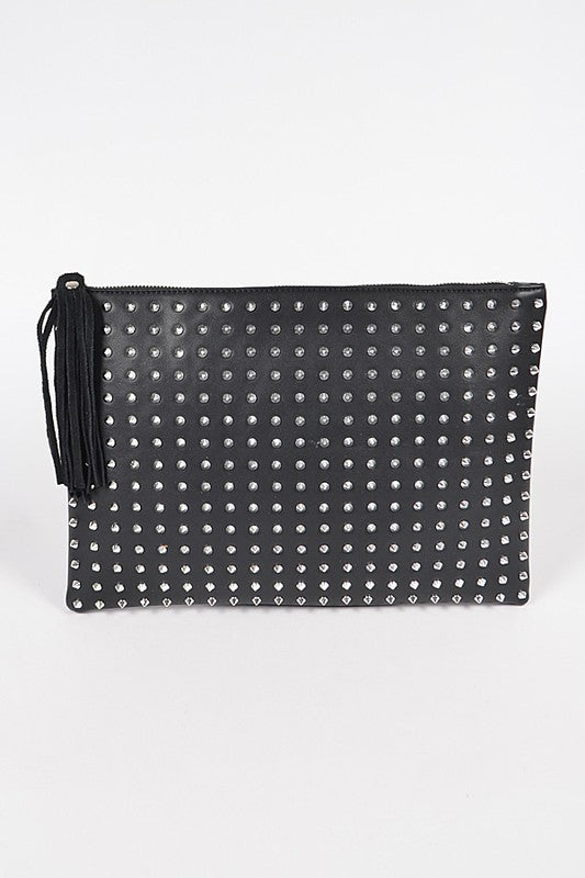 Black Full Spike Pouch Clutch Purse with suede Tassel