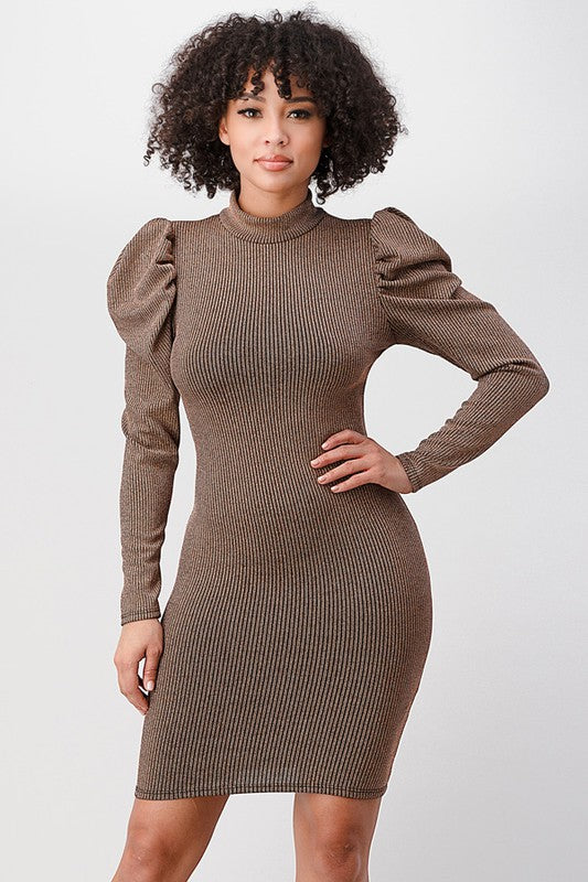 Women's Gold High-Neck Ruched Sleeve Bodycon Dress