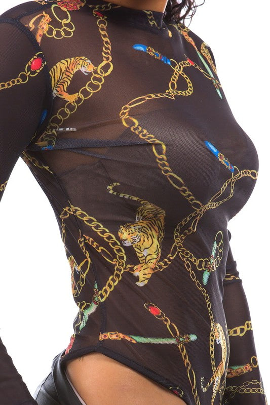 Mesh and Chain Tiger Print Bodysuit