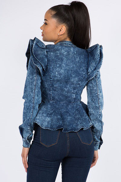Women's Peplum Washed Denim Jacket with Puff Sleeves