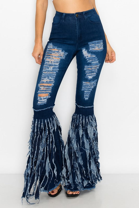 Women's High Waisted Bell Bottom Distressed Jeans