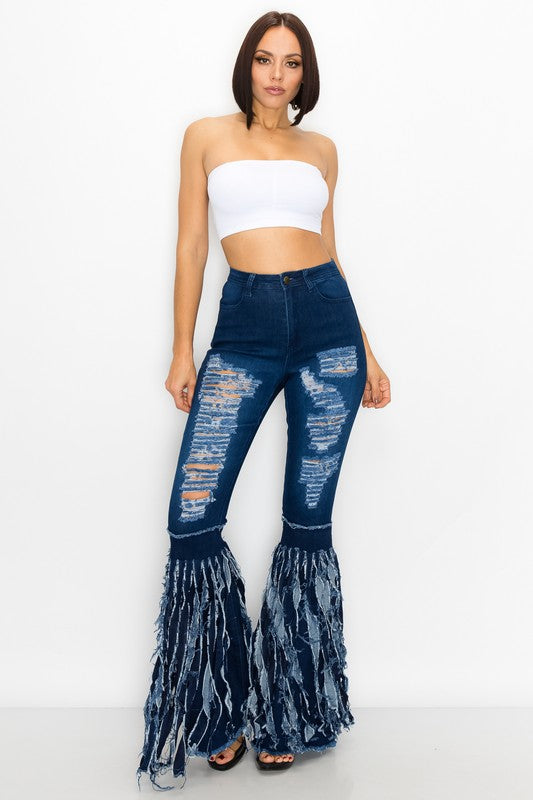 Women's High Waisted Bell Bottom Distressed Jeans