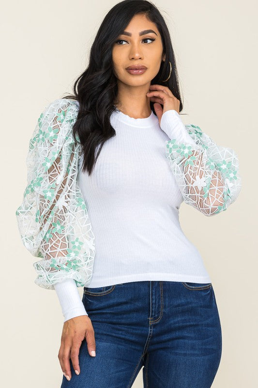 Flower Lace Puff Sleeve Fitted Top