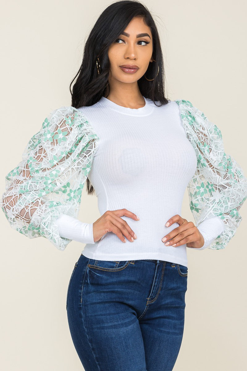 Flower Lace Puff Sleeve Fitted Top