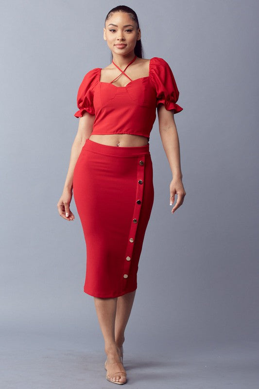 Solid Side Button Midi Skirt