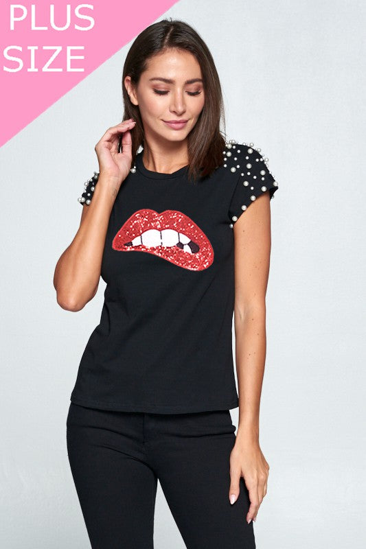 Plus Short Sleeve Top with Pearls Graphic Top