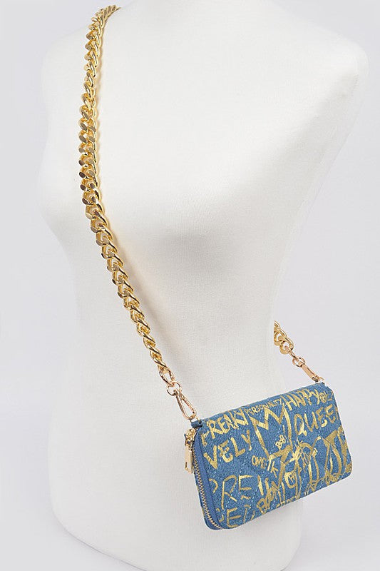 Oversized Chain Metal Denim Graffiti Print Denim Wallet