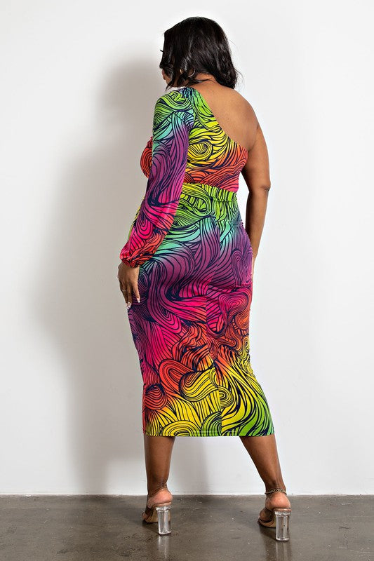 Plus Size One Shoulder Bodycon Silhouette Dress with Cutout Detail
