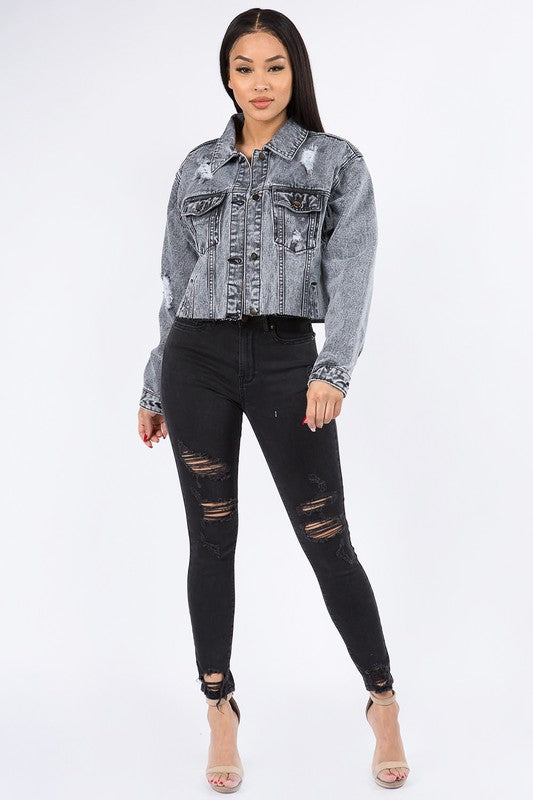 Women's Plus Cropped Denim Jacket with Chains