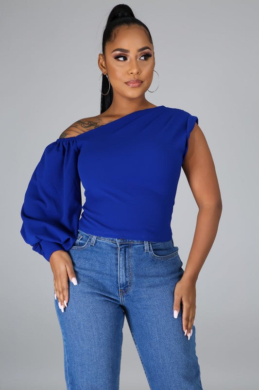Women's One Shoulder Puff Sleeve Solid Blouse Top