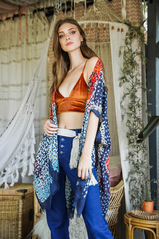 Women’s Vibrant Multicolor Frayed Edge Kimono with Armholes