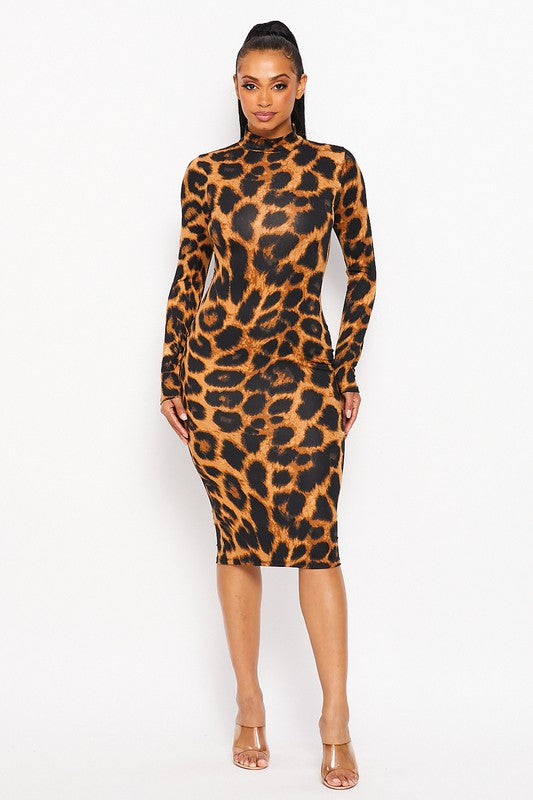 Women's Animal Print Mock Neck Bodycon Midi Dress