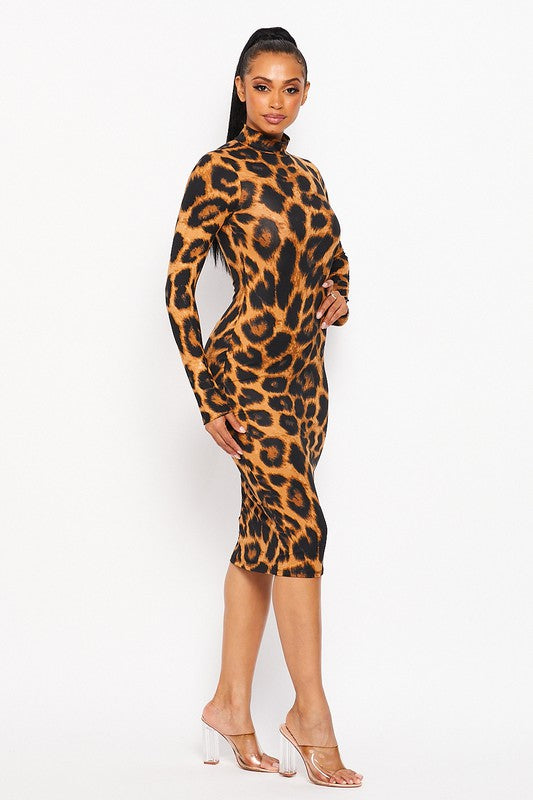 Women's Animal Print Mock Neck Bodycon Midi Dress