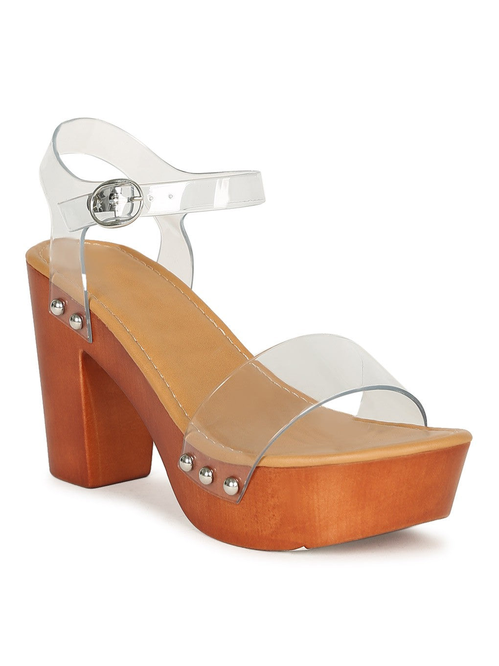 Faux Wood Platform Clear Chunky Heel Sandal Shoe