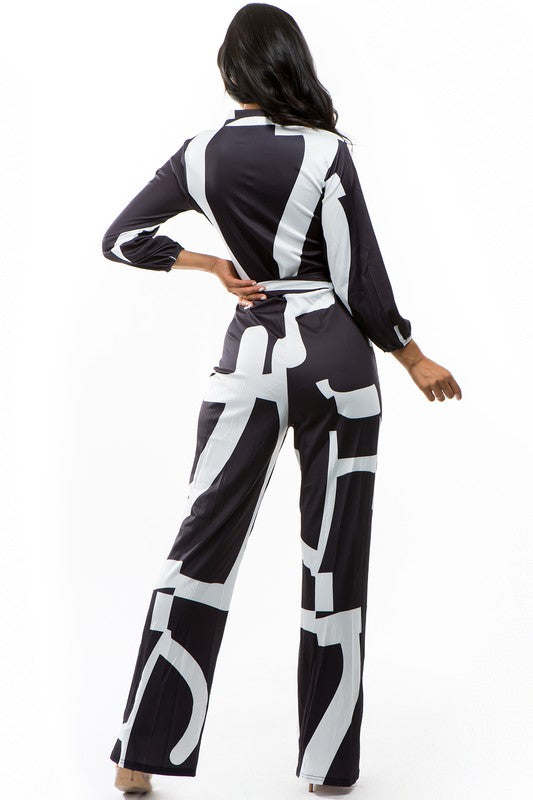 Sexy Black and White Straight Leg Multi Print Jumpsuit