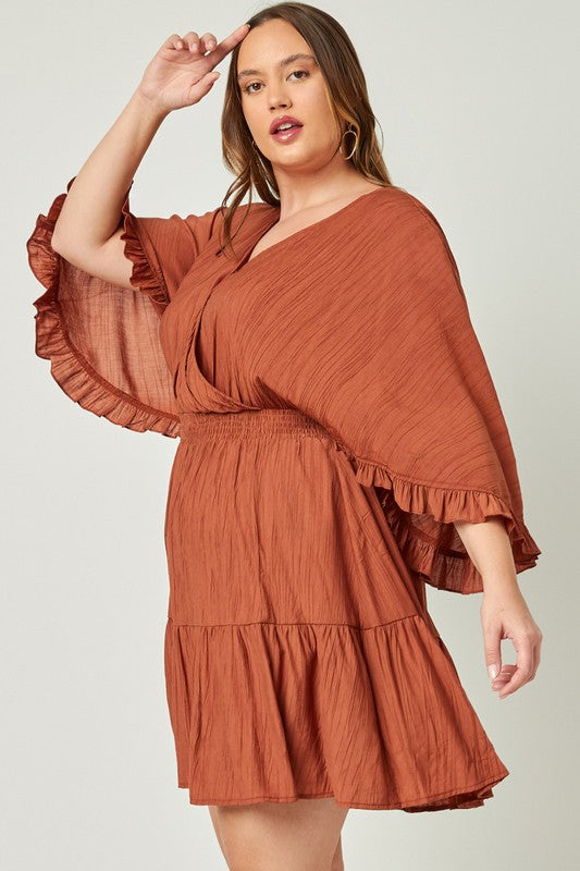 Plus Size Exaggerated Open Ruffled Dolman Sleeve Dress