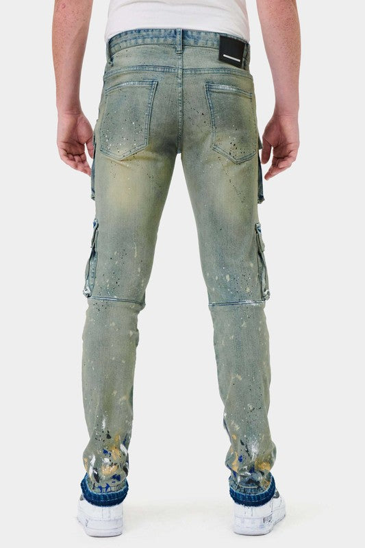 Men's Slim Fit Multi Cargo Straight Denim Jeans