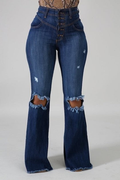 High Rise Dark Wash Bell Bottom Ripped Jeans