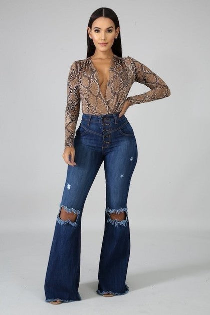 High Rise Dark Wash Bell Bottom Ripped Jeans