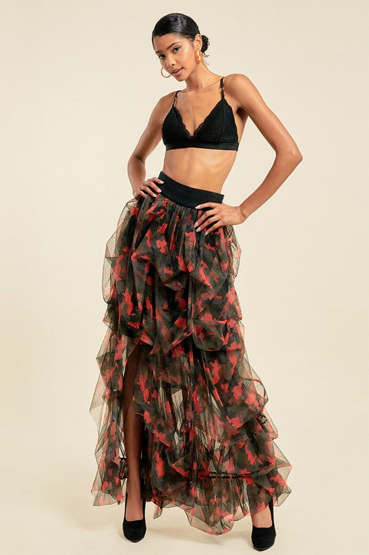 Open Front Mesh Camouflage Maxi Skirt