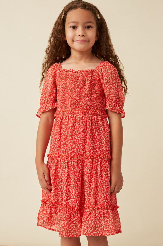Girls Ditsy Floral Square Neck Smocked Puff Sleeve Dress