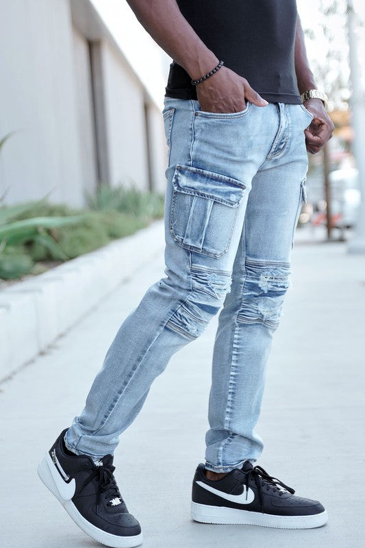 Men's Biker Style Distressed Cargo Denim Jeans