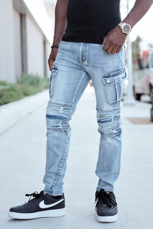 Men's Biker Style Distressed Cargo Denim Jeans