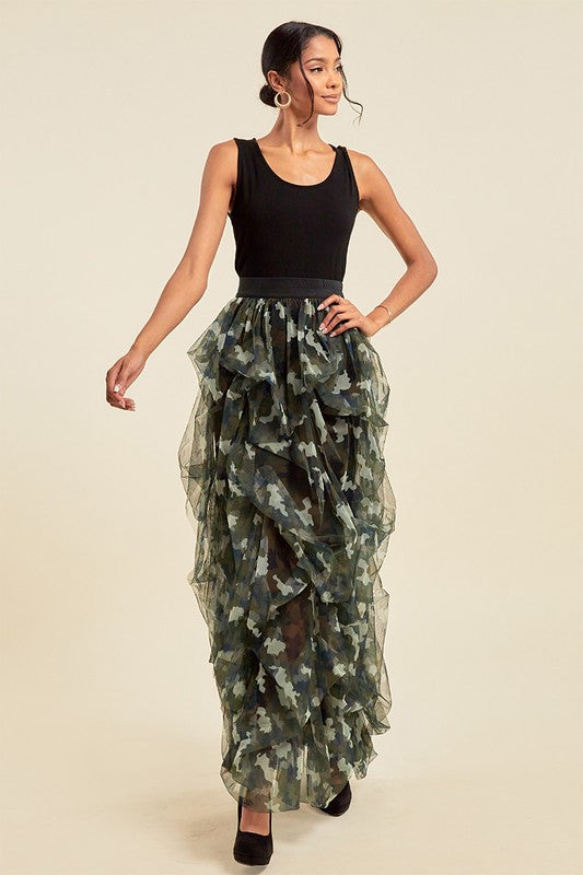 Open Front Mesh Camouflage Maxi Skirt