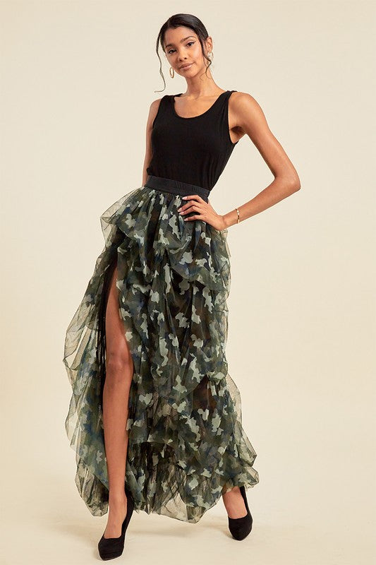 Open Front Mesh Camouflage Maxi Skirt