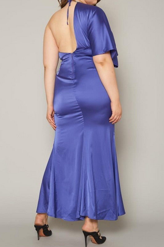 Plus Size One Sleeve Satin Maxi Dress