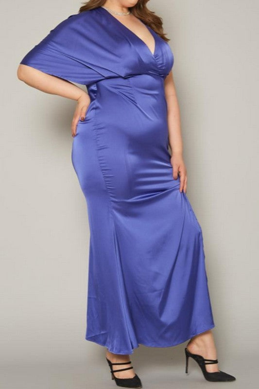 Plus Size One Sleeve Satin Maxi Dress