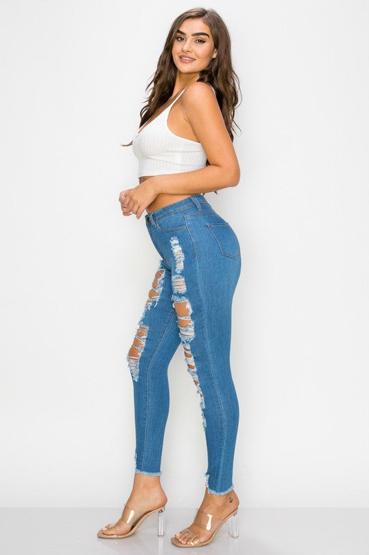 High Rise Skinny Zip Fly Distressed Denim Jeans