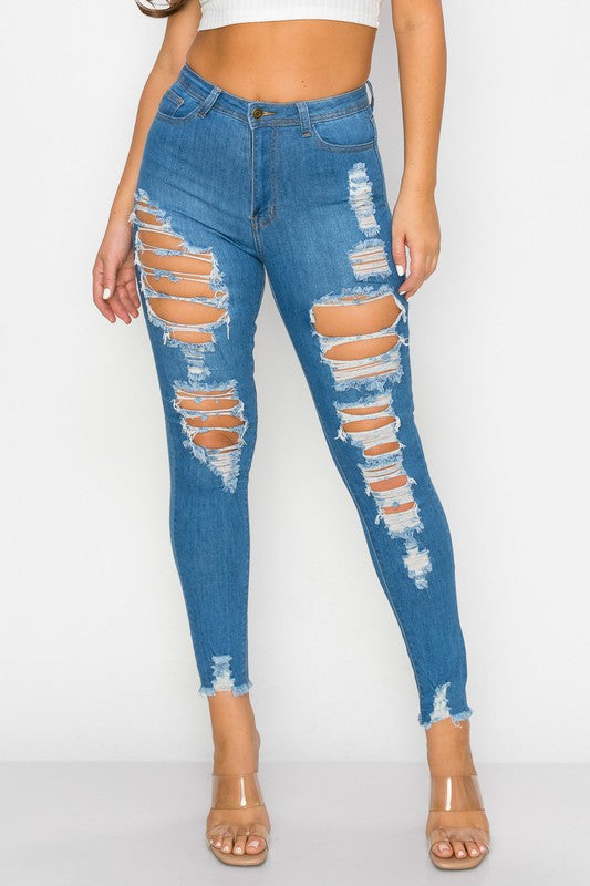 High Rise Skinny Zip Fly Distressed Denim Jeans