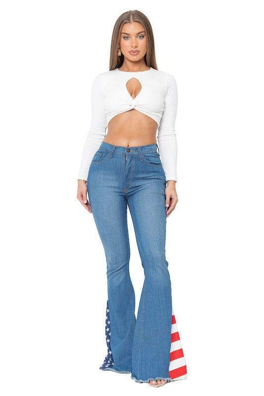 High Rise Bell bottom with Side Star and Stripe Print Flare Jeans