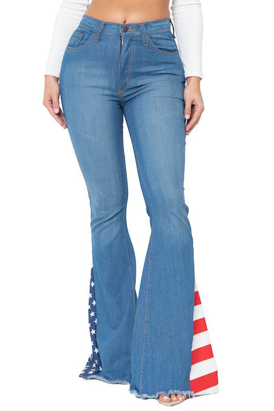High Rise Bell bottom with Side Star and Stripe Print Flare Jeans