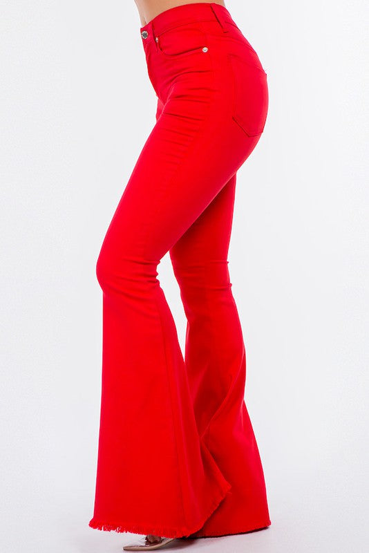 Women's Red Full-Length Bell-Bottom Jeans