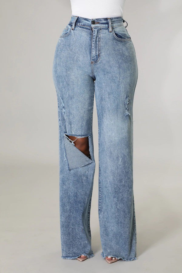 Wide Leg Ripped Denim Stone Wash Jeans