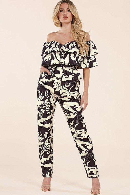 Women's Black and Cream Abstract Print Jumpsuit