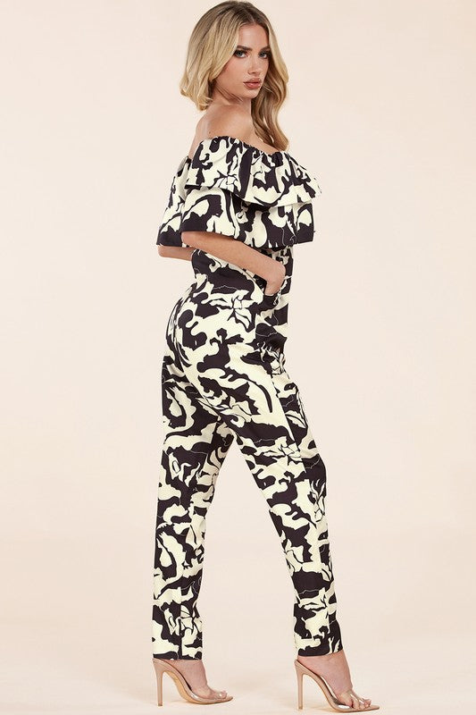 Women's Black and Cream Abstract Print Jumpsuit