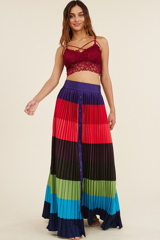 High Waisted Pleated Color Block Maxi Skirt