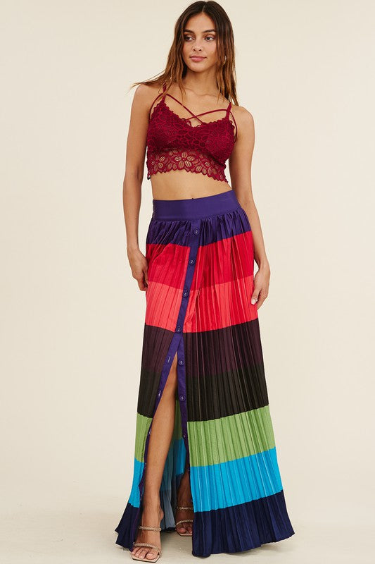 High Waisted Pleated Color Block Maxi Skirt