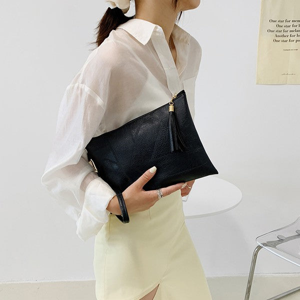 Vegan Leather Clutch Handbag with Tassel
