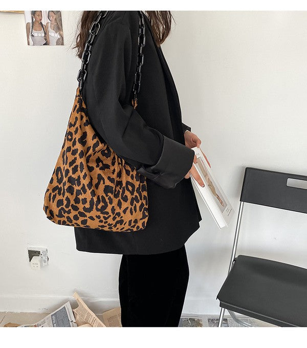 Leopard Print Corduroy Shoulder Tote with Chain Strap